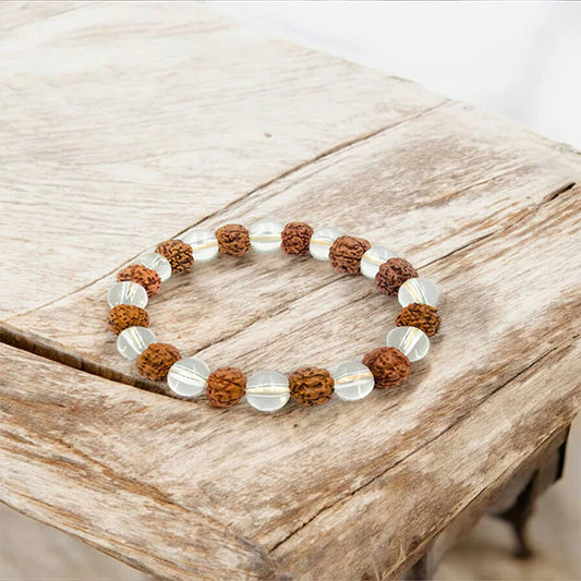Rudraksh Crystal Bracelet – Clear Quartz & Rudraksha Energy Bracelet for Protection, Clarity & Aura-Balance