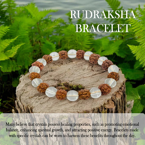 Rudraksh Crystal Bracelet – Clear Quartz & Rudraksha Energy Bracelet for Protection, Clarity & Aura-Balance