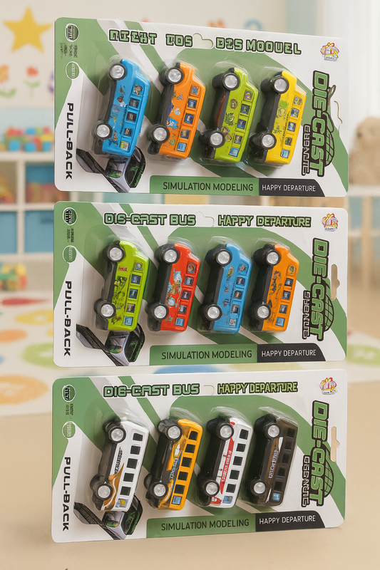 Die‑Cast Pull‑Back Bus Toy Set for Kids – 4 pcs